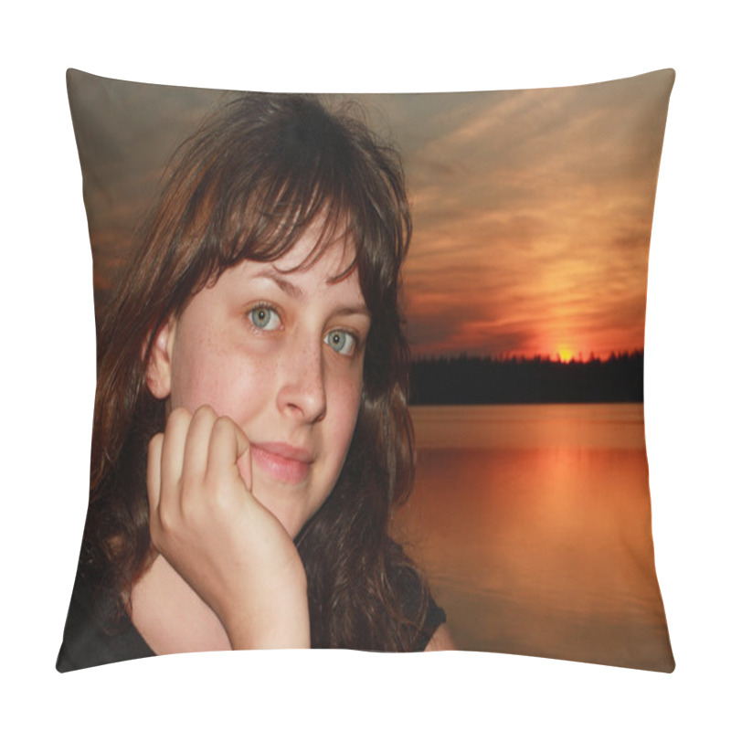 Personality  Caucasian Girl 13 Years Old, Closeup On Sunset Background Pillow Covers