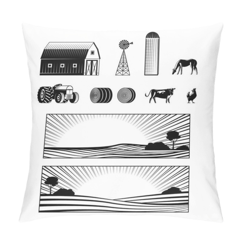 Personality  Farming And Countryside Set With Farmland Landscapes And Various Rural Stuff And Animals. Pillow Covers