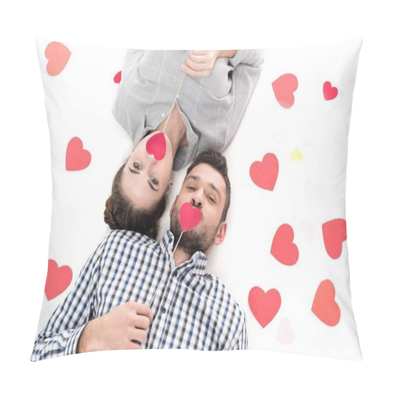 Personality  Overhead View Of Couple Lying With Paper Hearts Isolated On White, Valentines Day Concept Pillow Covers