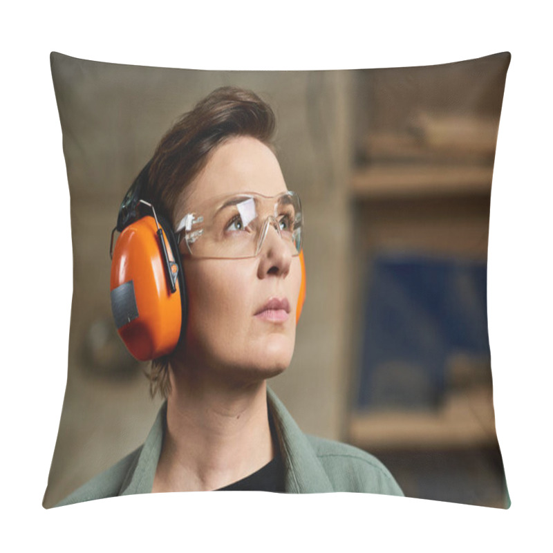 Personality  A Dedicated Carpenter Concentrates On Her Craft, Surrounded By Tools And Raw Wood In The Workshop. Pillow Covers