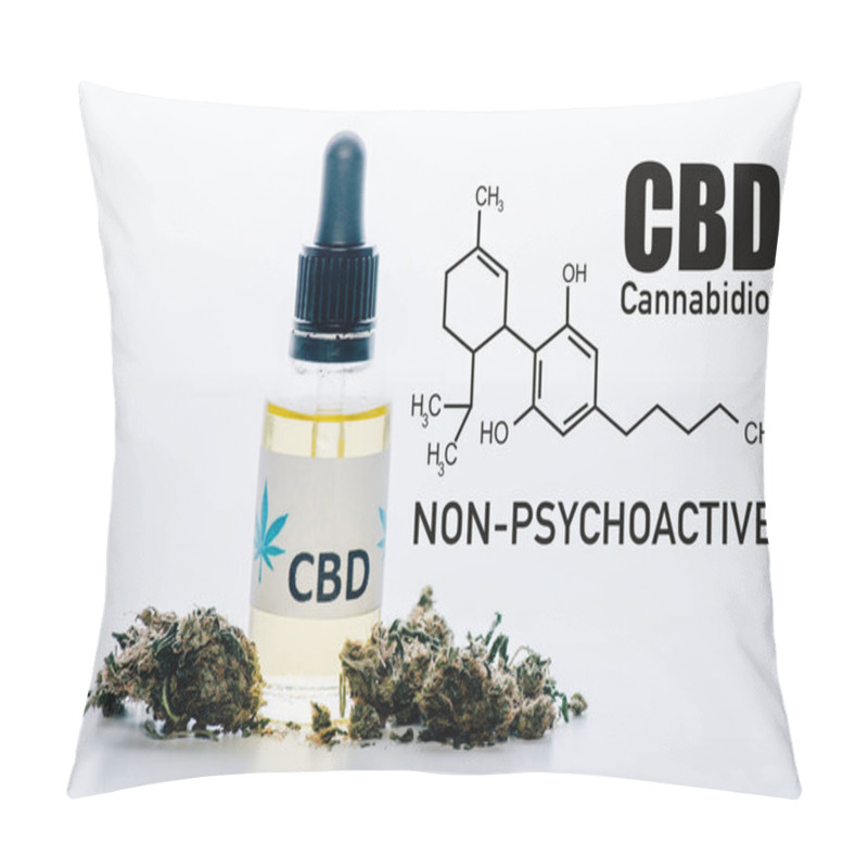 Personality  Cbd Oil In Bottle Near Medical Marijuana Buds Isolated On White With Cbd Molecule Illustration Pillow Covers