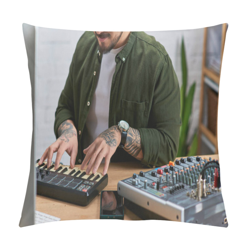 Personality  A Handsome Asian Man Plays A MIDI Keyboard In His Studio. Pillow Covers