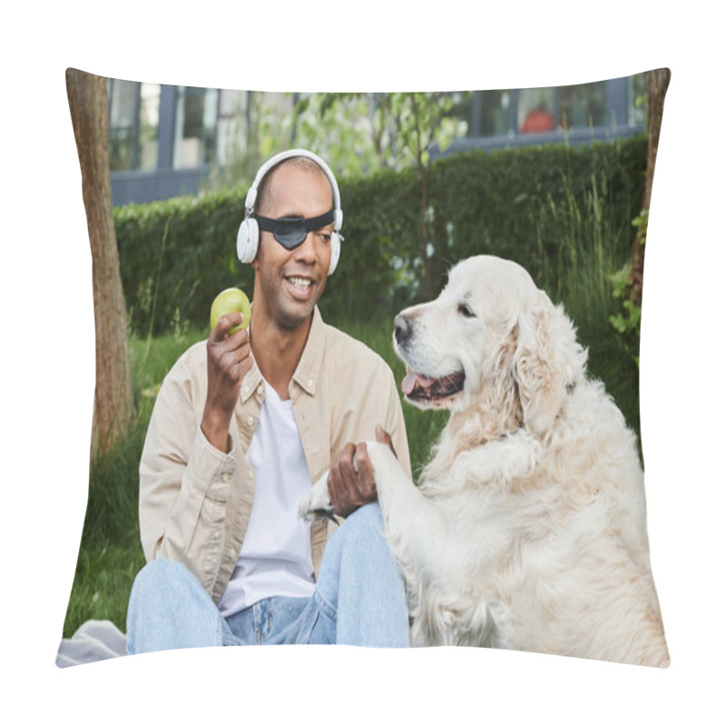 Personality  An African American Man With Myasthenia Gravis Wears Headphones Next To His Loyal Labrador Dog, Embodying Diversity And Inclusion. Pillow Covers