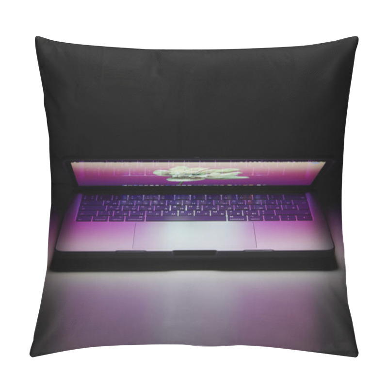 Personality  Saratov / Russia - March 21th 2020 : Photograph Of A MacBook Pro And Its Colourful Wallpaper, Screen Is Almost Closed Pillow Covers