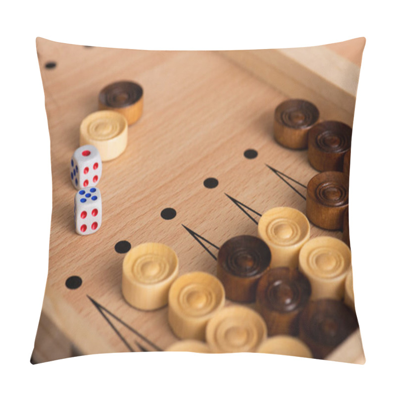 Personality  KYIV, UKRAINE - JANUARY 30, 2019: Selective Focus Of Wooden Backgammon Board With Checkers And Dice Pair Pillow Covers