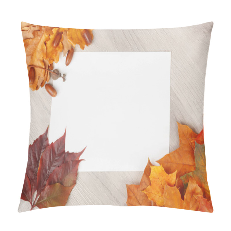 Personality  Blank White Paper On Wooden Texture Background With Maple And Oak Leaves, Acorns, Leaf Of Girlish Grapes Pillow Covers