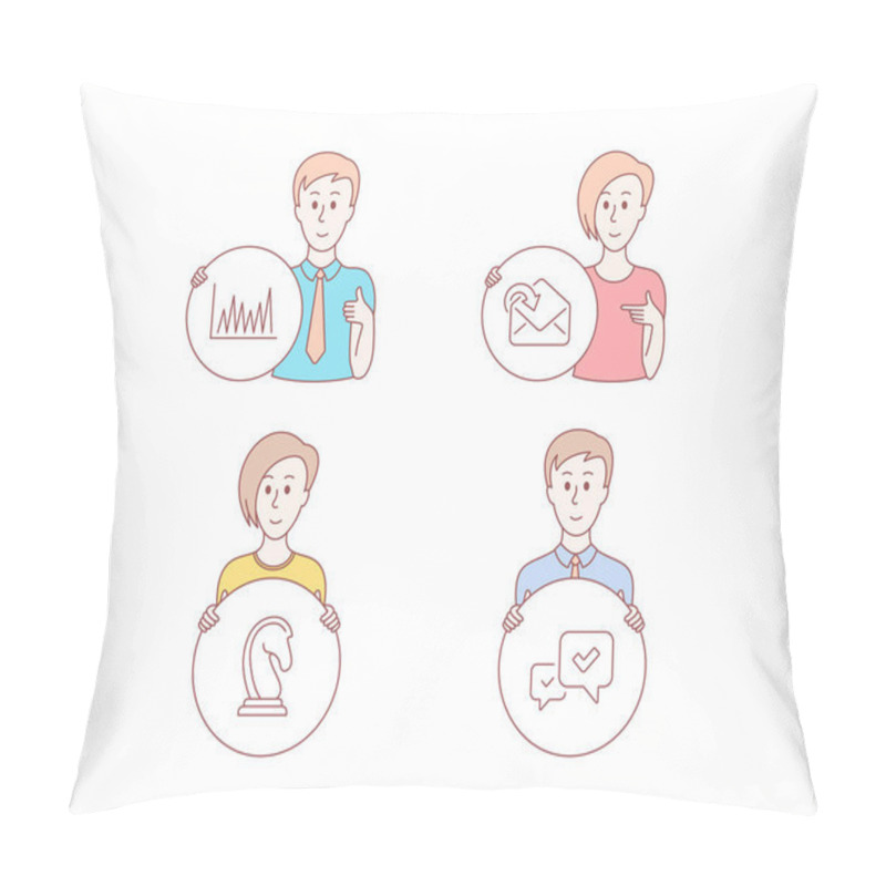 Personality  People Hand Drawn Style. Set Of Receive Mail, Line Graph And Marketing Strategy Icons. Approve Sign. Incoming Message, Market Diagram, Chess Knight. People Character Hold Circle Button. Pillow Covers