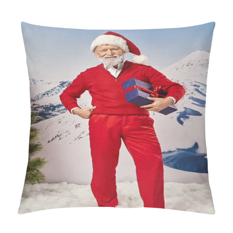 Personality  Cheerful Santa Holding Present With One Hand On Hip With Snowy Mountain Backdrop, Winter Concept Pillow Covers