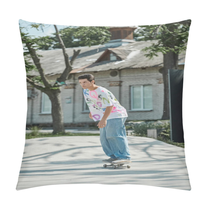 Personality  A Young Skater Boy Swiftly Rides A Skateboard Down A City Sidewalk On A Sunny Summer Day, Showcasing His Skills And Passion For The Sport. Pillow Covers