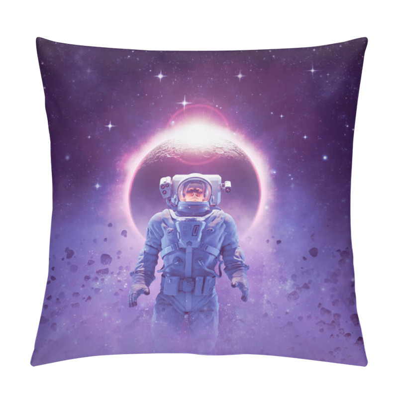 Personality  Adventure In Deep Space / 3D Illustration Of Science Fiction Scene Of Heroic Astronaut Lit By Solar Eclipse Surrounded By Asteroids Pillow Covers