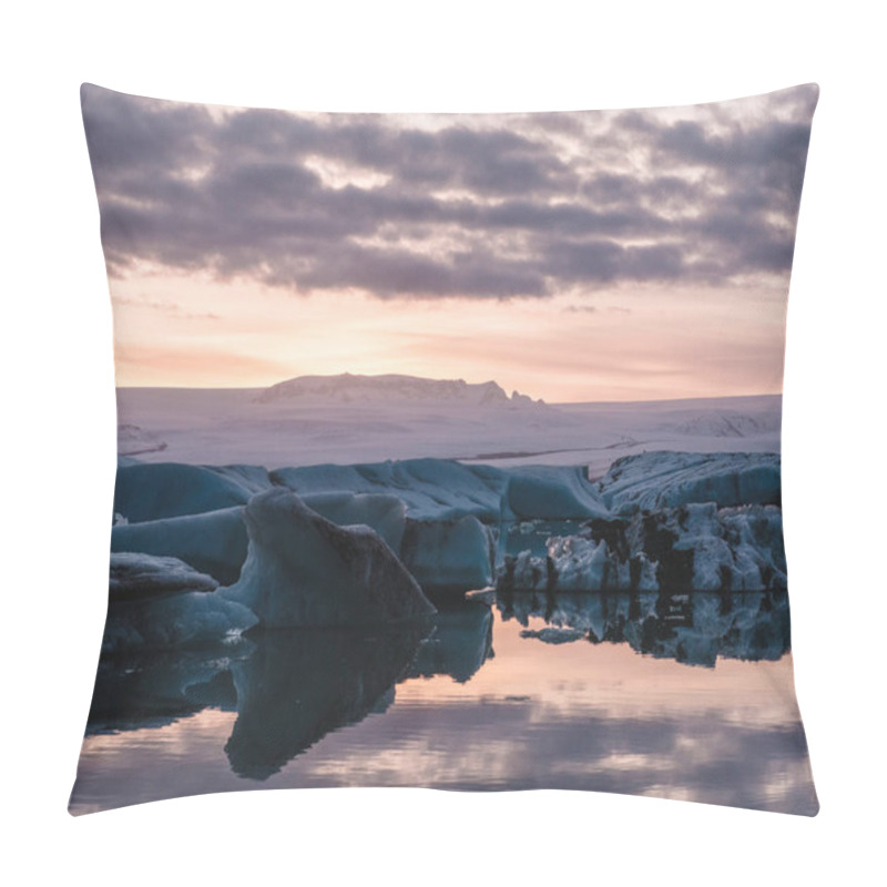 Personality  Scenic View Of Icebergs Reflecting In Jokulsarlon Glacier Lagoon During A Pastel-hued Sunset In South Iceland. Pillow Covers