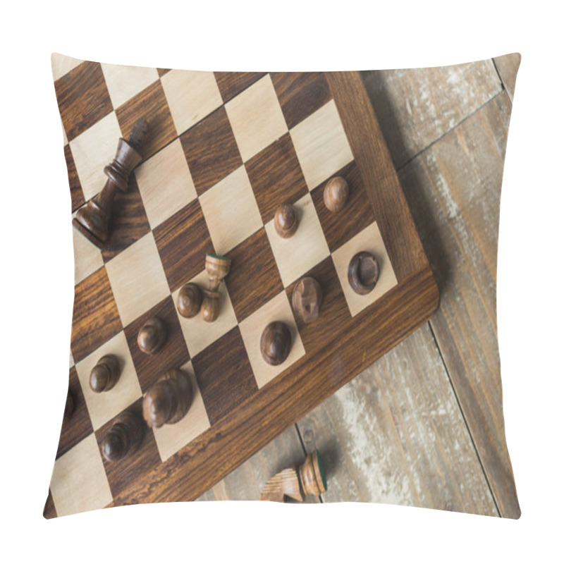 Personality  Top View Of Chess Board With Scattered Black Chess Pieces On Rusitc Wooden Surface Pillow Covers