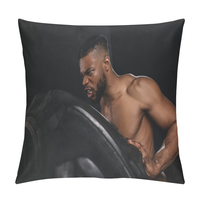 Personality  Side View Of Muscular Young African American Sportsman Lifting Tire On Black Pillow Covers