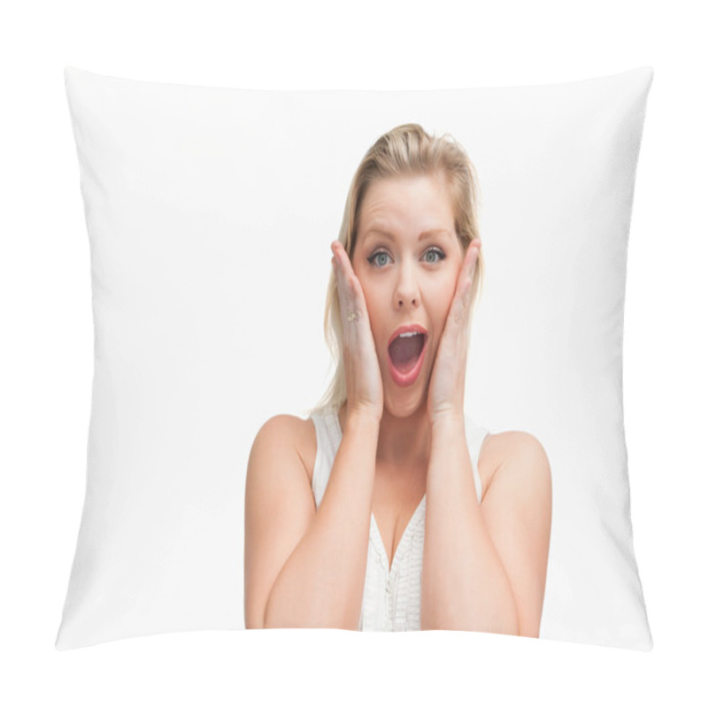 Personality  Surprised Blonde Woman Putting Her Hands On Her Cheeks Pillow Covers