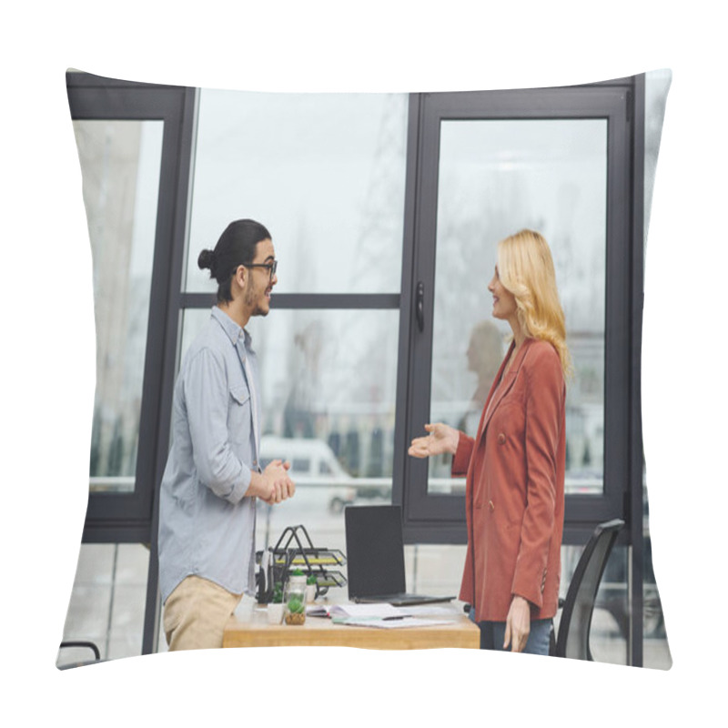 Personality  A Man And Woman Are Talking In An Office. Pillow Covers