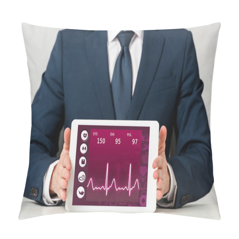 Personality  Cropped View Of Businessman Holding Digital Tablet With Medical App On White  Pillow Covers