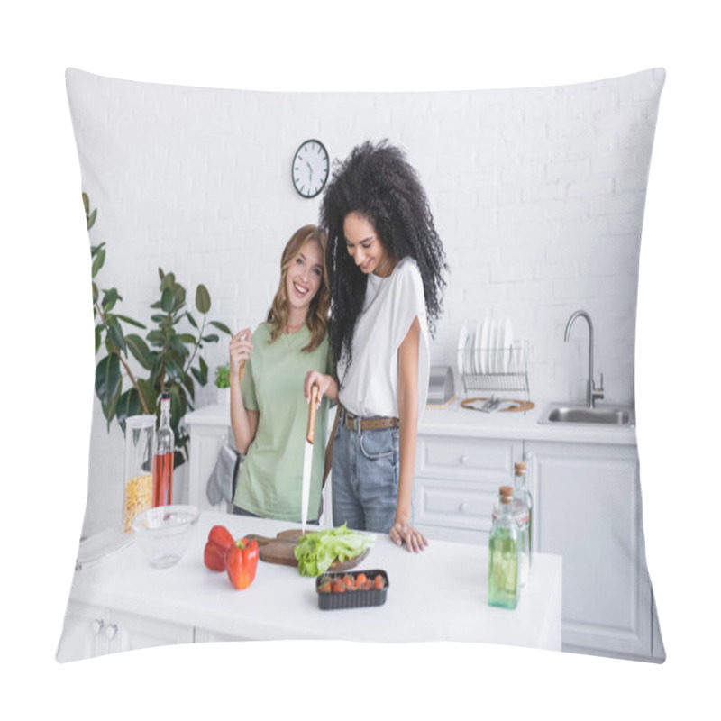 Personality  Happy Multiethnic Lesbian Couple Cooking Together In Modern Kitchen  Pillow Covers