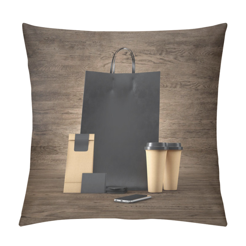 Personality  Set Of Black Shopping Bag, Two Brown Coffee Cups, Blank Business Cards And Generic Design Smartphone. Wood Background. 3d Render Pillow Covers