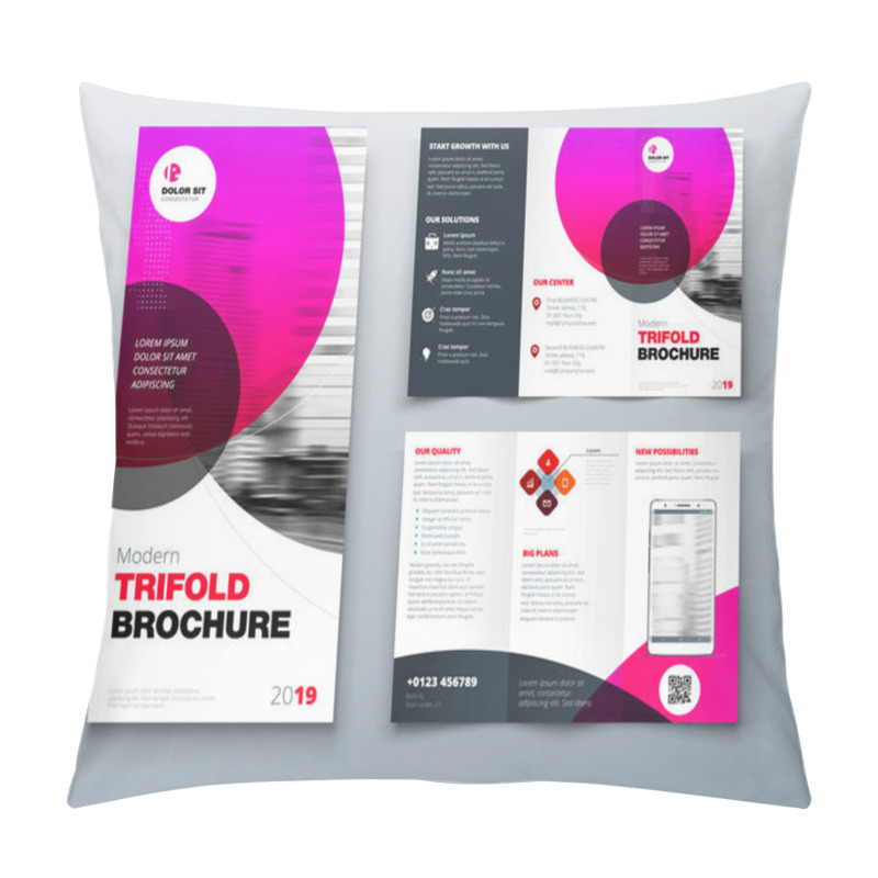 Personality  Tri Fold Brochure Design. Pink Business Template For Tri Fold Flyer. Layout With Modern Circle Photo And Abstract Background. Creative 3 Folded Flyer Or Brochure Concept. Pillow Covers