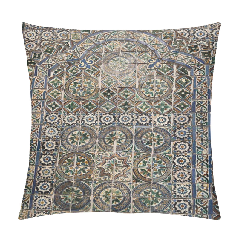 Personality  Traditional Moroccan Zellige Tilework Displays Intricate Geometric Patterns In Shades Of Green, Blue, And White. This Masterful Mosaic Features Arched Designs, Eight-pointed Stars, And Circular Medallions, Showcasing Islamic Decorative Artistry. Pillow Covers