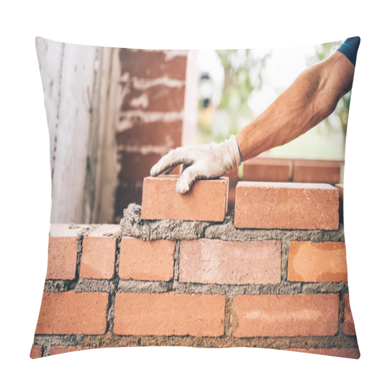 Personality  Industrial Bricklayer Worker Placing Bricks On Cement While Building Exterior Walls, Industry Details Pillow Covers