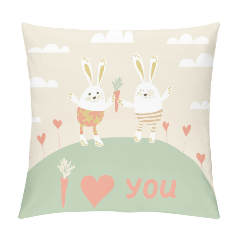 Personality  Romantic Card With Cute Rabbits In Love. Pillow Covers