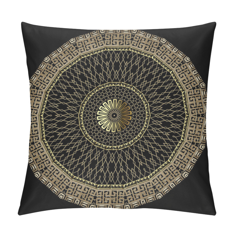 Personality  Gold Greek Style 3d Grid Vector Mandala Pattern. Ornamental Golden Lace Zig Zag Background. Greek Key Meander Round Frames, Shapes, Zigzag, Circles. Textured Repeat Ornament. Geometric Ornate Design. Pillow Covers