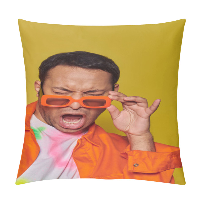 Personality  Face Expression, Indian Man Adjusting Orange Sunglasses And Grimacing On Yellow Backdrop, Attitude Pillow Covers