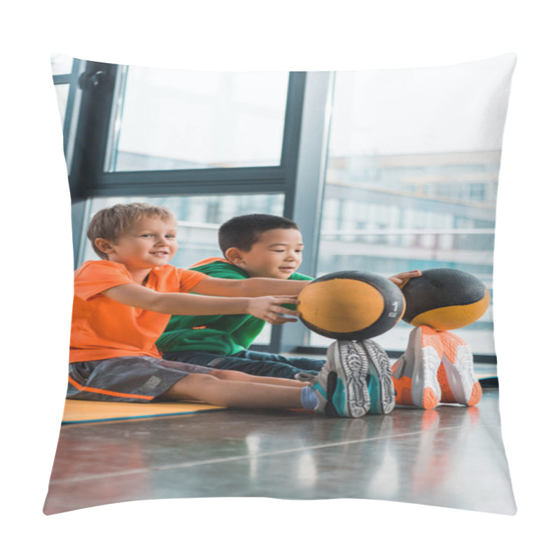 Personality  Multicultural Children Putting Balls On Tips Of Toes And Sitting On Fitness Mat In Gym Pillow Covers