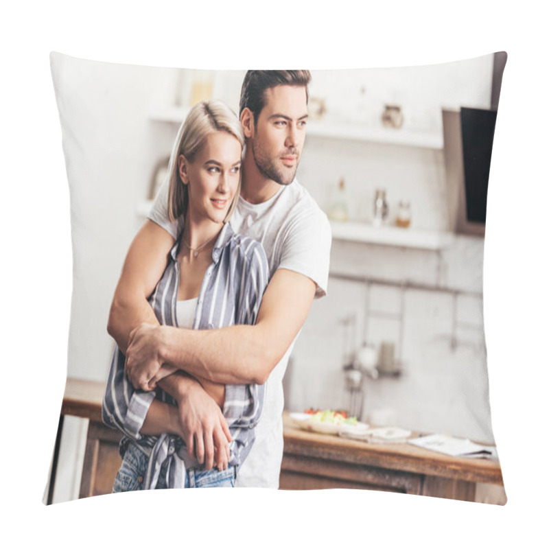 Personality  Handsome Boyfriend And Attractive Girlfriend Hugging In Kitchen Pillow Covers