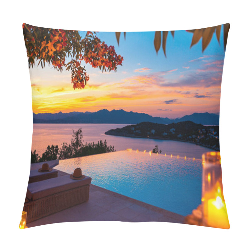 Personality  A Stunning Summer Sunset Over Sea, Featuring Cozy Terrace With Lounge Chairs And Candles, Creating Serene Atmosphere For Relaxation Pillow Covers