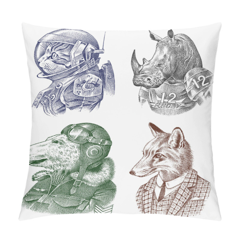 Personality  Fox And Rhino Dressed Up In Suit. Cat And Polar Bear. Astronaut Or Spaceman. Fashion Animal Characters Set. Hand Drawn Sketch. Vector Engraved Illustration For Label, Logo And T-shirts Or Tattoo. Pillow Covers