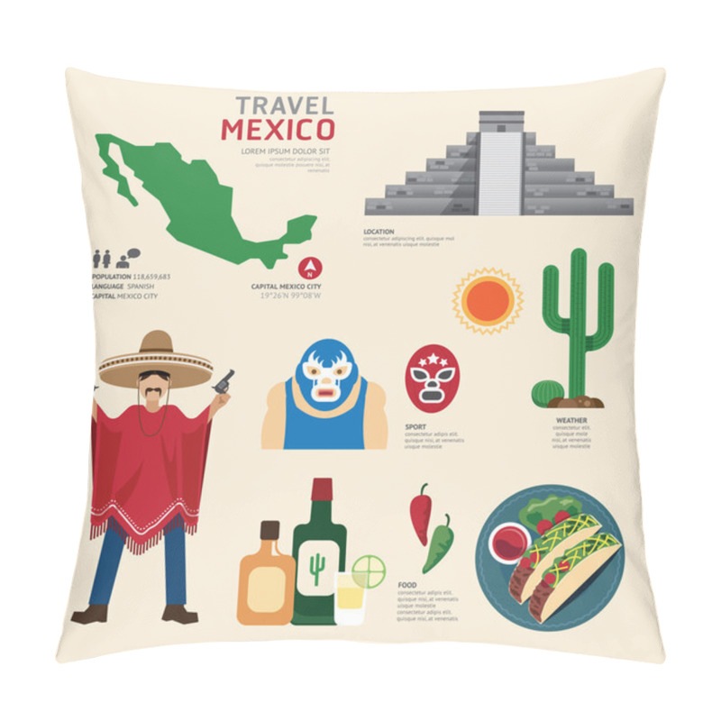 Personality  Flat Icons Design Of  Mexico Landmarks Pillow Covers