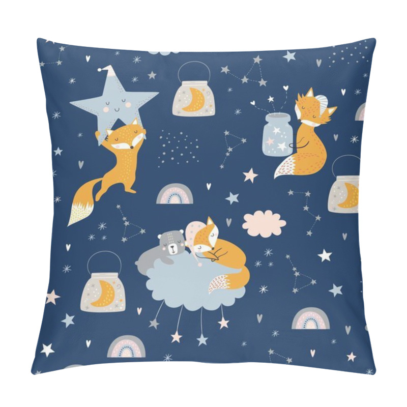 Personality  Seamless Childish Pattern With Sleeping Foxes, Bear, Clouds, Rainbow, Jar With Stars And Constellations. Creative Kids Texture For Fabric, Wrapping, Textile, Wallpaper, Apparel. Vector Illustration Pillow Covers