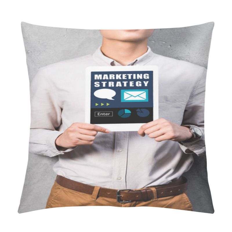 Personality  Cropped View Of Seo Manager Holding Digital Tablet With With Marketing Strategy Illustration Pillow Covers