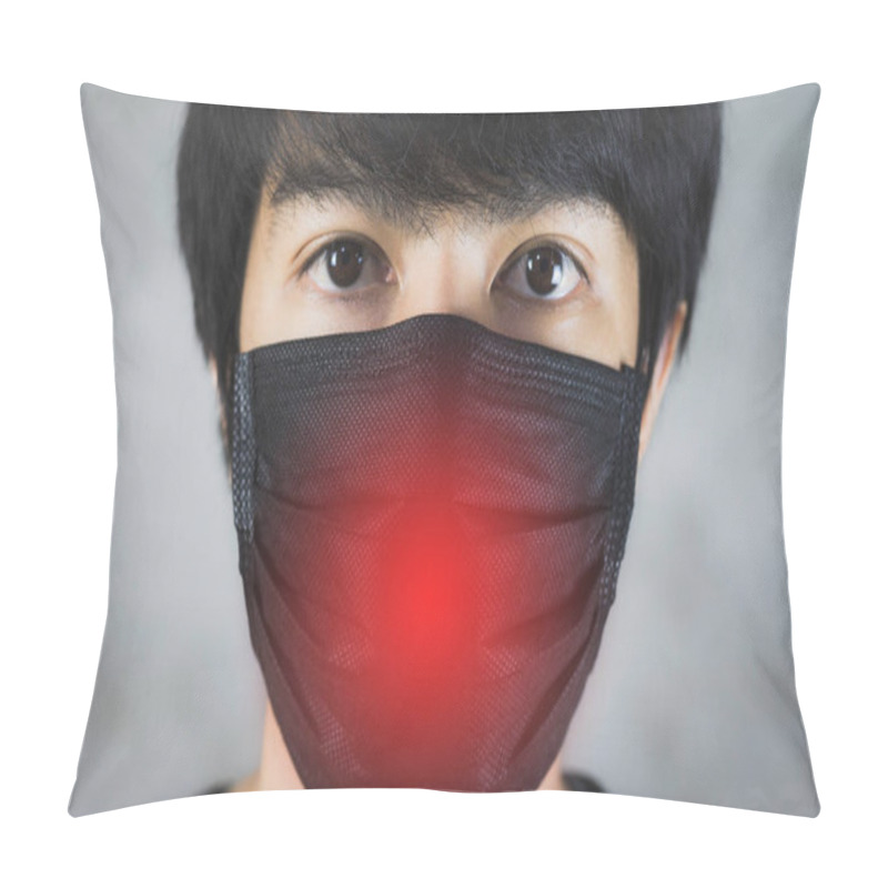 Personality  Portrait Of Man Wearing Pollution Prevention Or Flu Mask With Danger. Pillow Covers