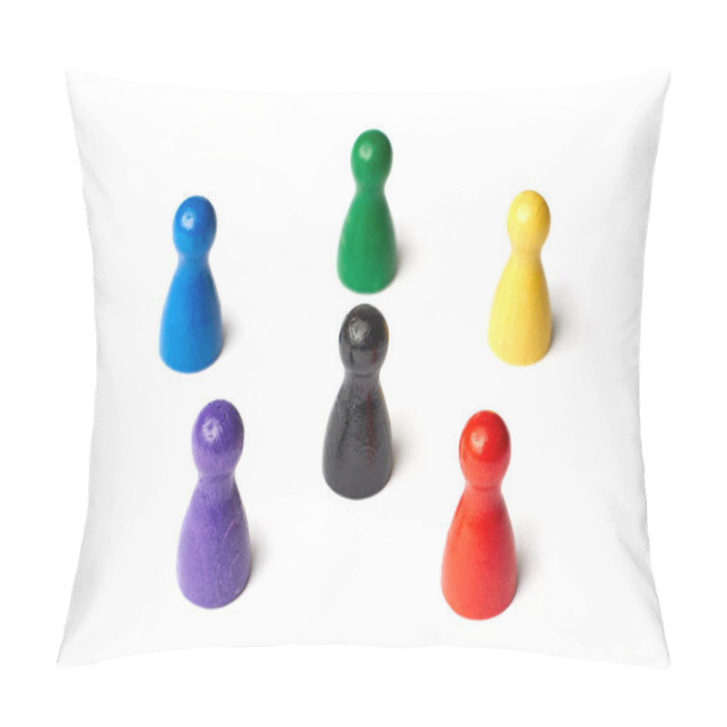 Personality  Six Game Figures Standing In A Circle With A Black Figure In The Middle. Symbol For A Color Wheel Or A Group Of People Or Teamwork. Pillow Covers