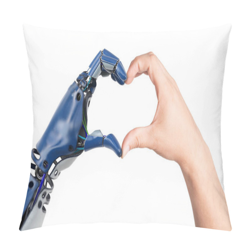 Personality  Heart Shaped By Human And Robot Hands. Isolated On White Background. 3D Illustration. Pillow Covers