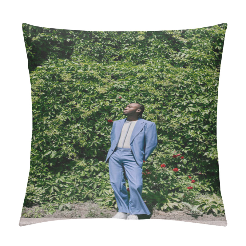 Personality  A Stylish Man In A Blue Suit Stands Confidently On A City Sidewalk. Pillow Covers