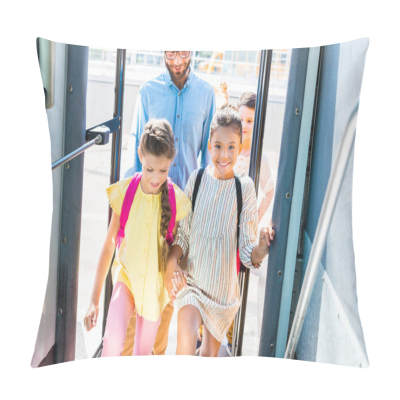 Personality  Group Of Schoolchildren Entering School Bus With Teacher Pillow Covers