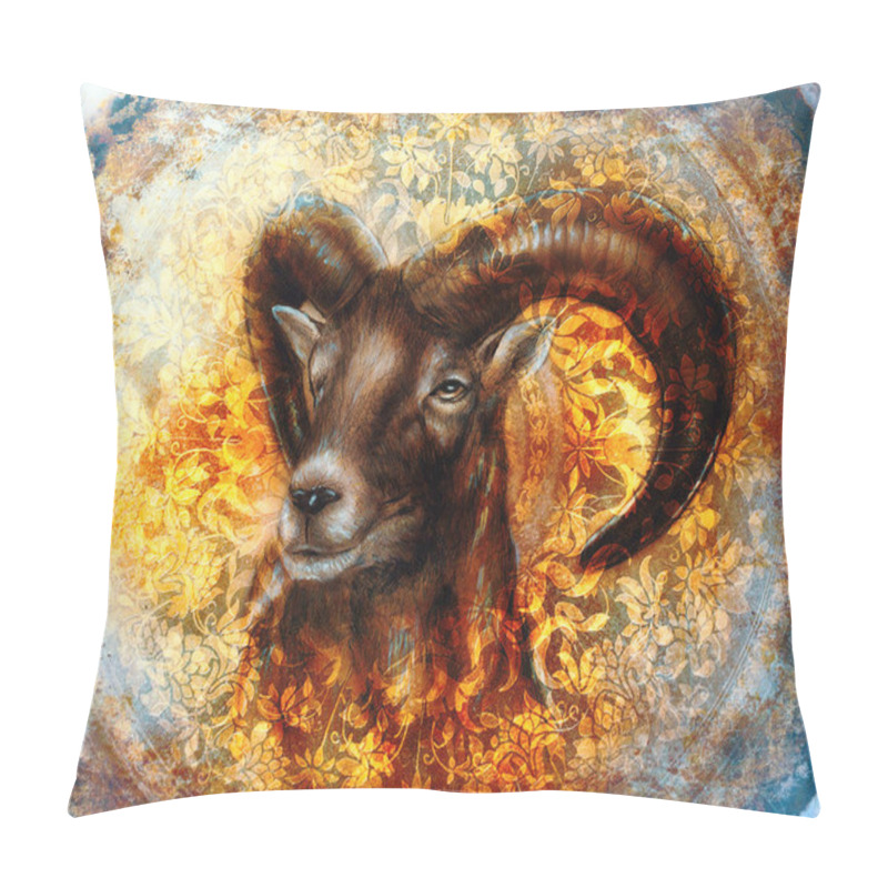 Personality  Drawing Of Male Wild Sheep With Mighty Horns On Flower Background. Pillow Covers