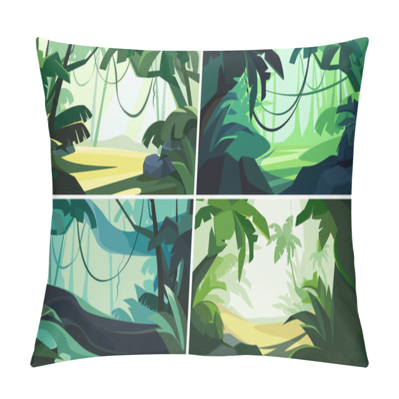 Personality   Set Of Landscapes With Tropical Forest. Beautiful Natural Sceneries. Pillow Covers