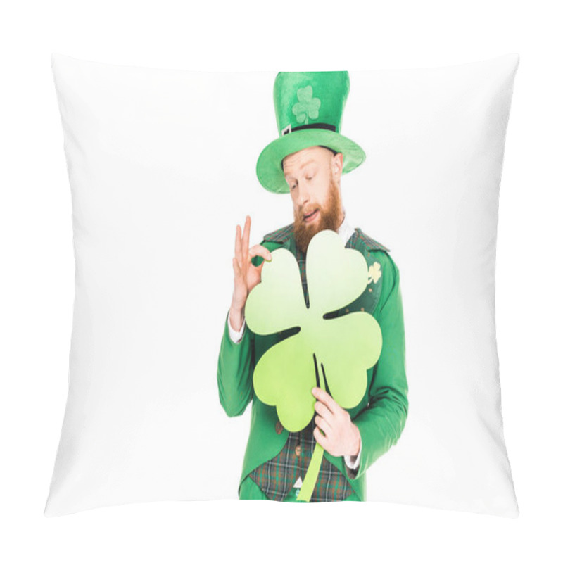 Personality  Handsome Leprechaun In Green Suit Holding Clover, Isolated On White Pillow Covers