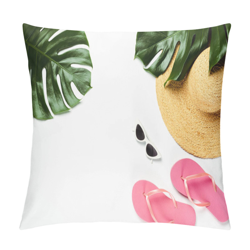 Personality  Top View Of Green Palm Leaves, Straw Hat, Sunglasses And Flip Flops On White Background Pillow Covers