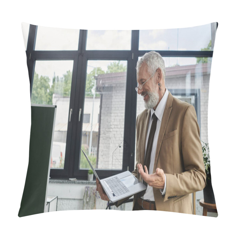 Personality  A Middle-aged Man With A Beard Smiles As He Leads An Online Class From His Home Office. Pillow Covers