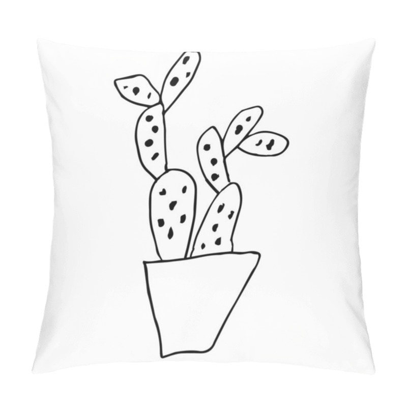 Personality  Single Cactus In A Pot. Opuntia.  Black Pen Drawing. Hand Drawing On White Background.Houseplant. Line Drawing, Home Decor. Doodle Style. Pillow Covers