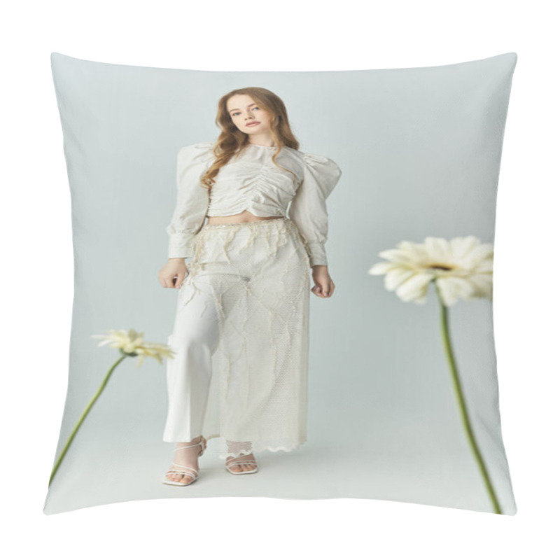 Personality  A Beautiful Young Woman Poses Elegantly With Fresh Blooms Around Her. Pillow Covers