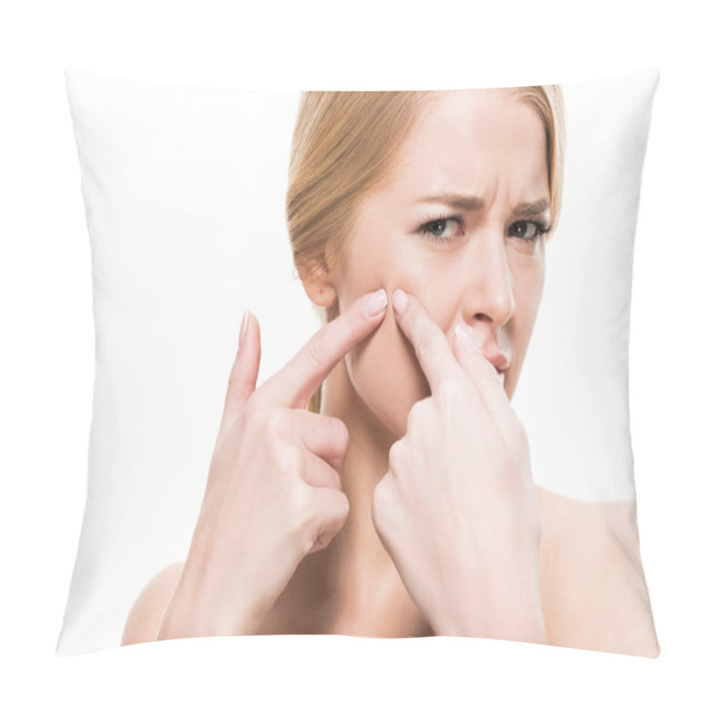 Personality  Unhappy Young Woman Squeezing Pimple On Face And Looking At Camera Isolated On White Pillow Covers