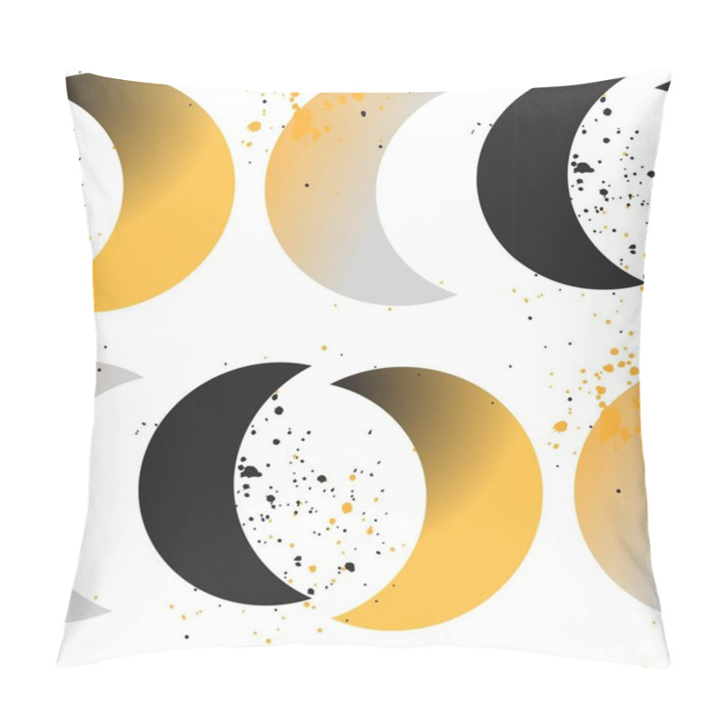 Personality  Moon Phases. Crescent Growth. Abstract Seamless Vector Pattern. 1950s Style, Geometric Motif, Hand Drawn Dotted Elements, Wavy Background. Golden, Blue, Black. Pillow Covers