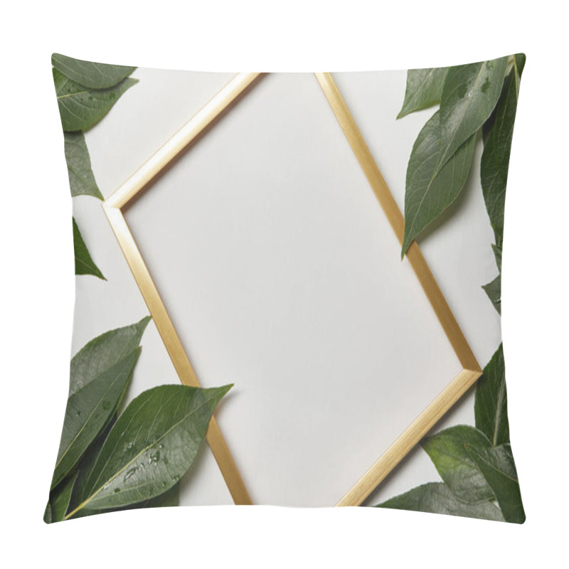 Personality  Empty Golden Frame With Copy Space And Green Leaves Isolated On White Pillow Covers